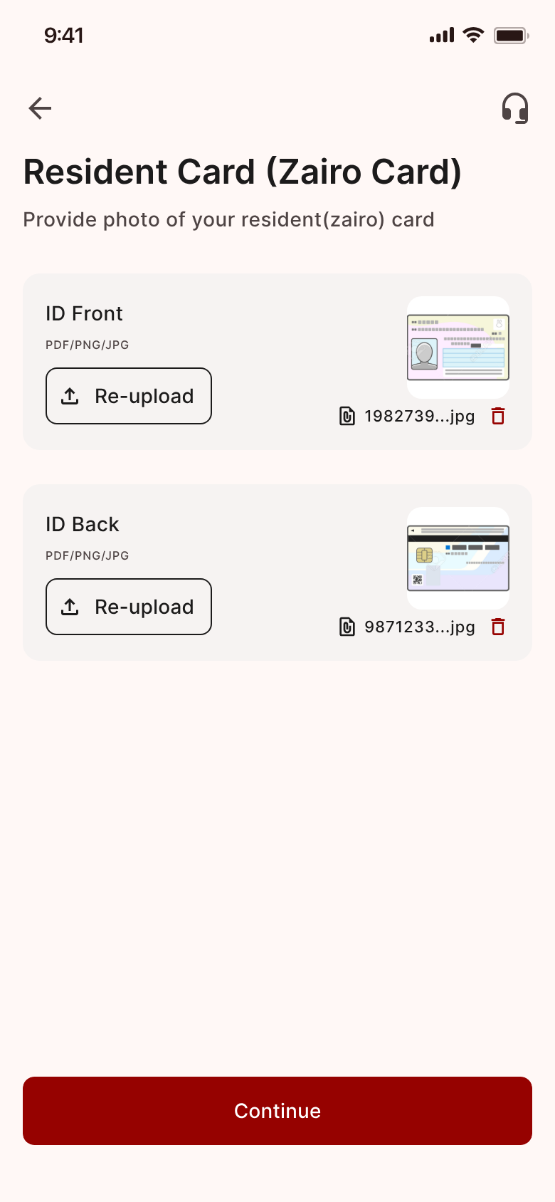 Japan Remit アプリ画面 — 在留カードをアップロード