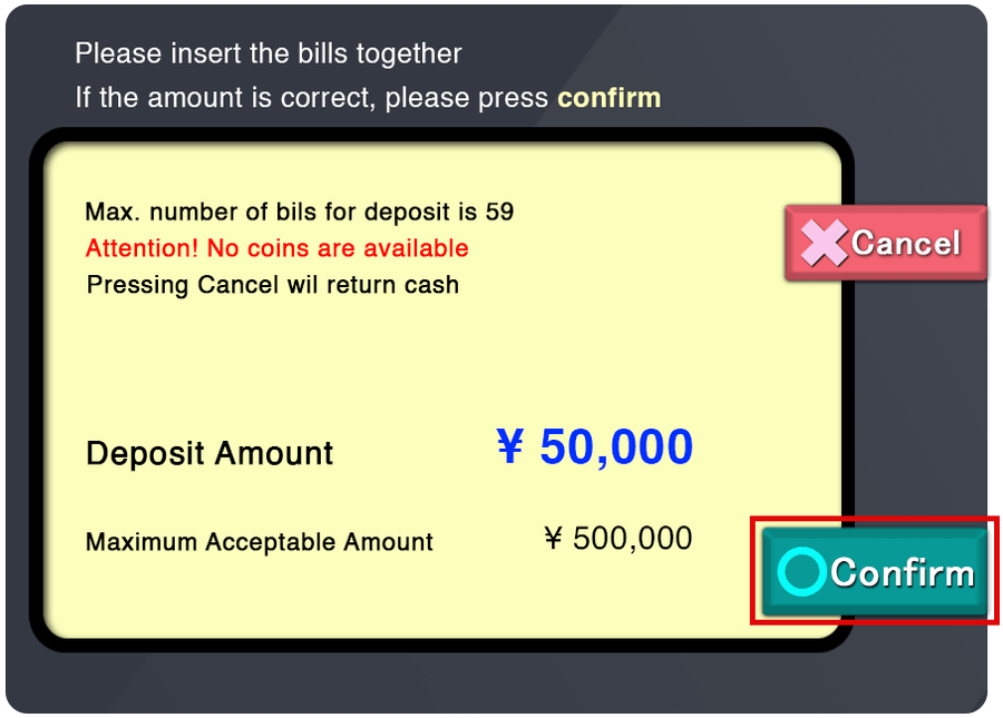 ATM screen for step 7: Confirm the amount