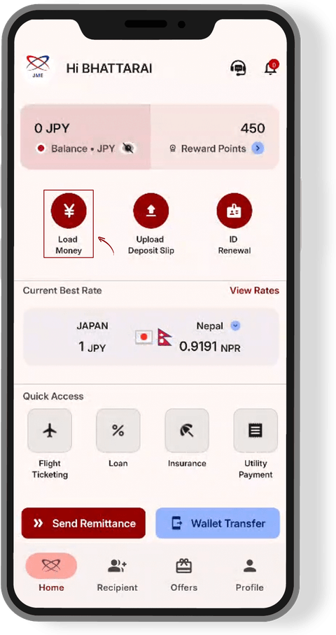 App screen for step 1: Tap “Load Money”